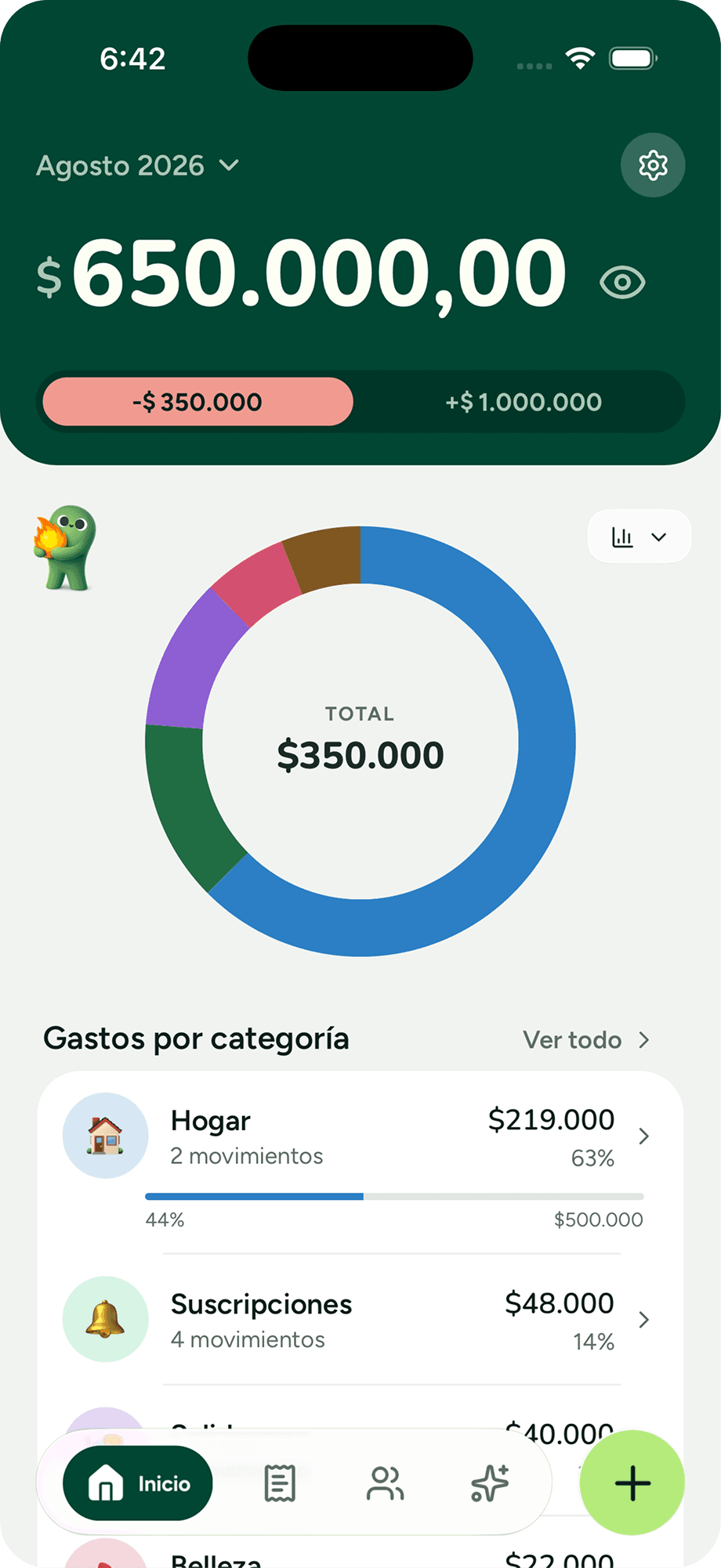 La pantalla de inicio de Kesef, con el balance del mes y el desglose por categoría
