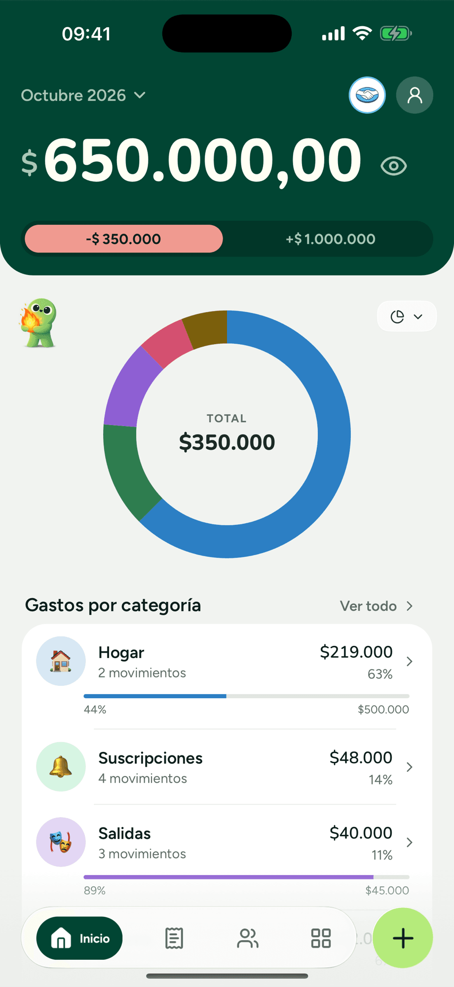 La pantalla de inicio de Kesef, con el balance del mes y el desglose por categoría